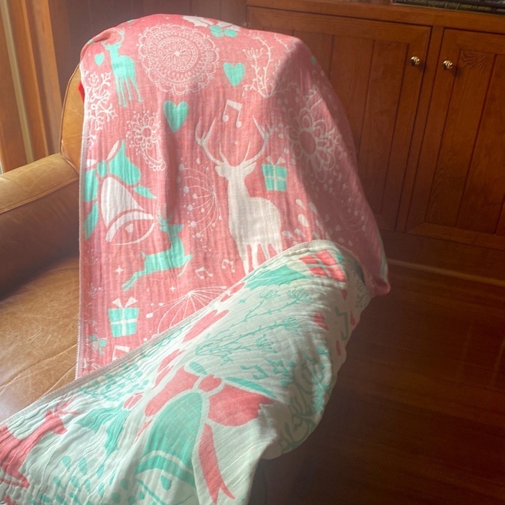 Christmas Bells Music + Woodland Reversible 2 Sides Organic Cotton Weave Throw - Picture 13 of 16